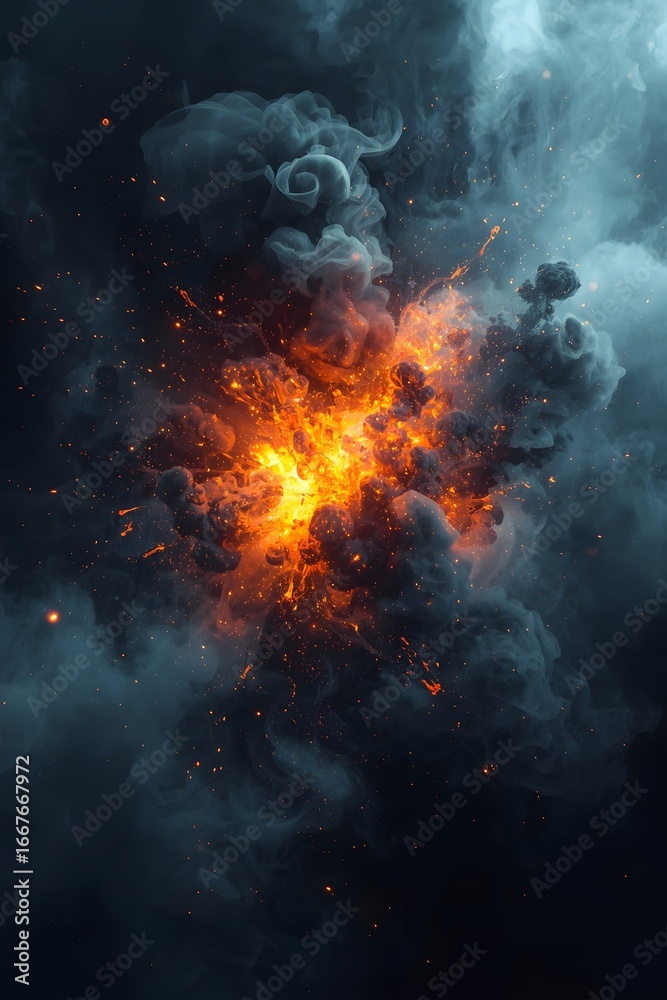 Fototapeta premium A fiery explosion bursts dramatically in the midst of swirling dark clouds, glowing with bright orange and yellow flames against a smoky, stormy background.