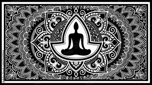Black and white mandala design featuring a meditating figure in a lotus position at the center focus point silhouette