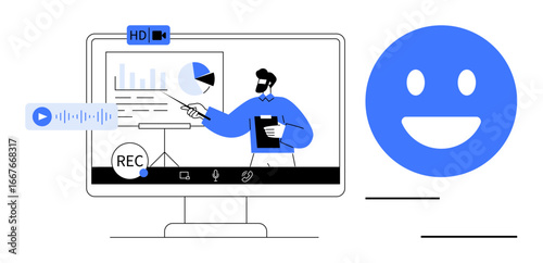 Professional presenting data graphs on screen with recording tools and reaction icon. Ideal for education, webinars, online conferences, remote work, training sessions, video tutorials, simple