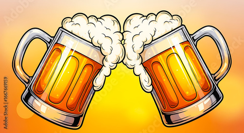 Two mugs of beer clinking together in a toast with frothy foam