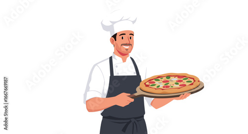 Detailed Flat Illustration of a Chef Holding Pizza on a Paddle
