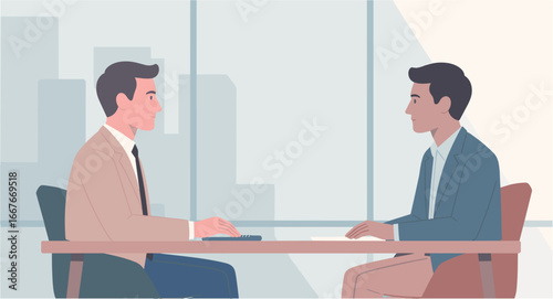 Flat Illustration Two Men in a Meeting Interview Illustration Concept