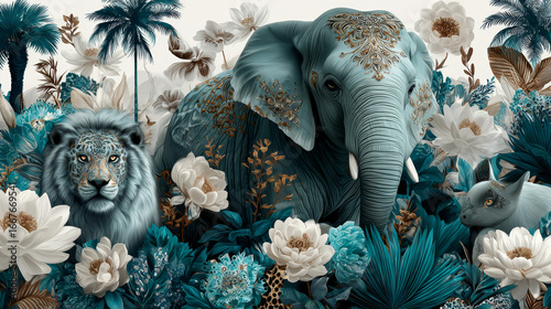 Fototapeta Naklejka Na Ścianę i Meble -  Cute seamless pattern of doodle elephants and other animals with palm trees and flowers on a white background. Kids illustration in a vector.