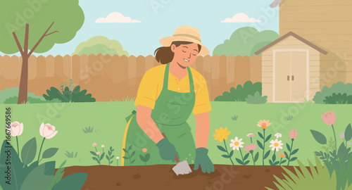 Flat Style Woman Gardening in Backyard with Flower Plant Illustration
