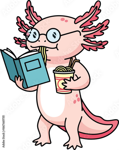 Pink axolotl wearing glasses eating noodles and reading a book cartoon cute
