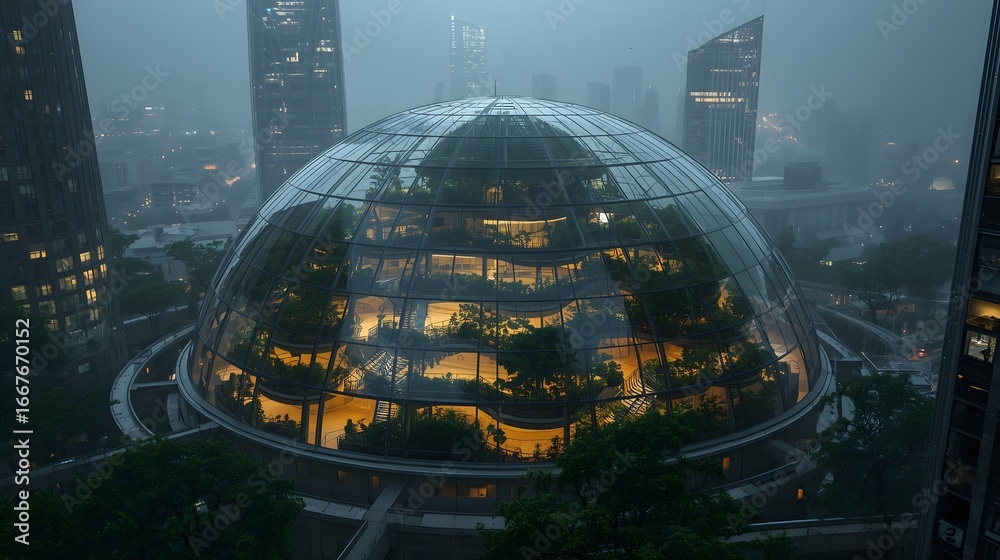 Fototapeta premium Futuristic glass dome greenhouse glowing with warm light in the middle of a cyberpunk city skyline, blending nature and modern architecture in a sci-fi urban atmosphere