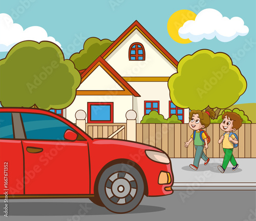 Happy and diverse school children with backpacks, excited kids ready to go to school, cheerful children returning home from school, illustration of primary school students