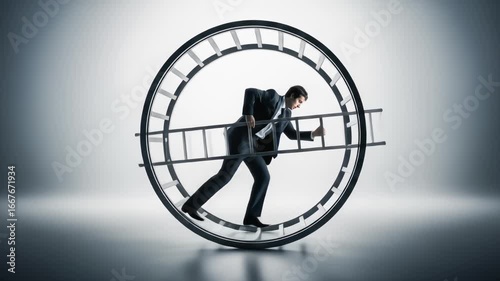 A businessman runs in a hamster wheel while trying to climb a ladder, symbolizing the futile corporate rat race