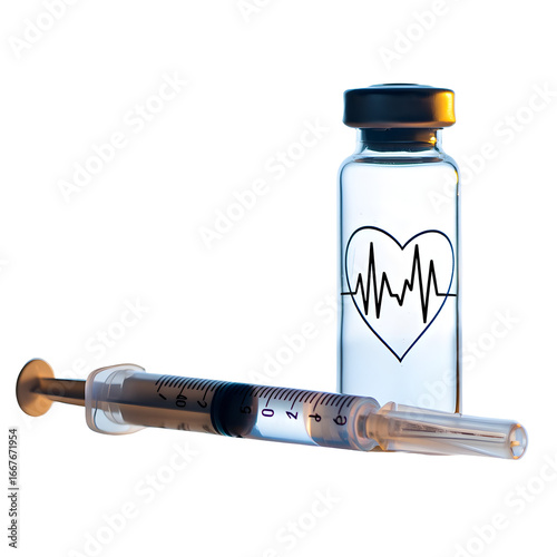 Medical syringe filled with blue liquid and glass medicine bottle, healthcare and pharmaceutical equipment concept, sterile medical supplies on neutral background