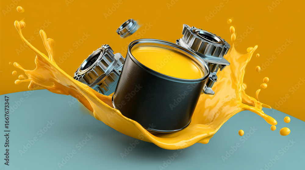 Fototapeta premium Engine oil advertisement horizontal banner. Vector illustration with realistic pistons and canister on bright background with motor oil splashes. 3d ads template.