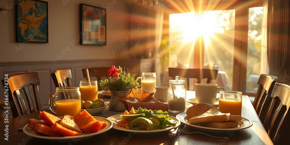 Fototapeta premium Warm morning sunlight streams onto a table laden with breakfast food, healthy eating, home-cooked