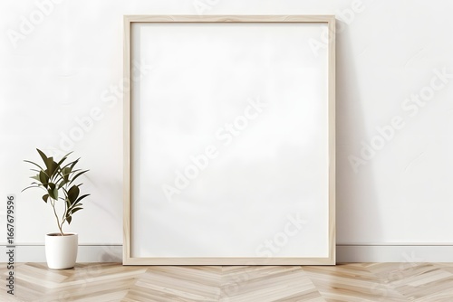 Horizontal wood frame mock up. Wooden frame poster on wooden floor with white wall. Landscape frame 3d illustrations. 