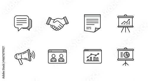 Business Icons Representing Communication and Growth.