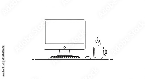 Minimalist desktop setup with computer keyboard mouse and coffee cup line art vector illustration design