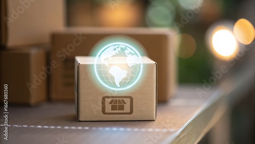 Global Migration + Refugee + Humanitarian A glowing globe projected from a parcel, symbolizing global shipping and connectivity.