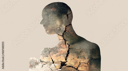 A fragmented human silhouette with hidden cracks, symbolizing unseen health threats and fragility.