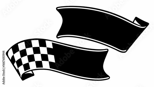 Two black and white ribbons one with a checkered pattern waving and curling on a white background design | editable eps vectors silhouette
