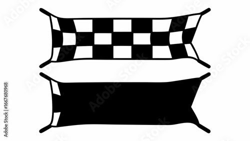 Two banners one checkered and one solid black hanging with visible rope in a simple illustration | editable eps vectors silhouette