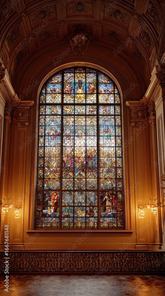 Obraz premium Ornate Stained Glass Window in Grand Hall with Intricate Woodwork and Sconces