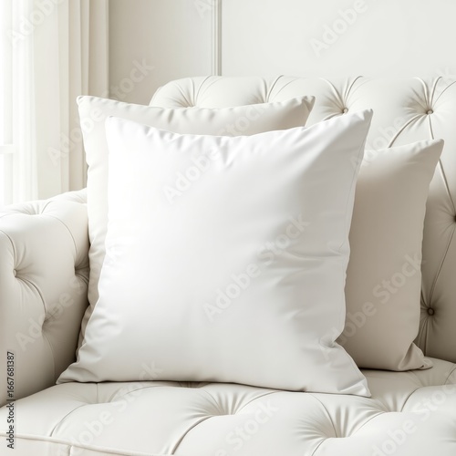 Pillow mockup close up of white pillows resting on a tufted white sofa in a bright and airy room setting indoors