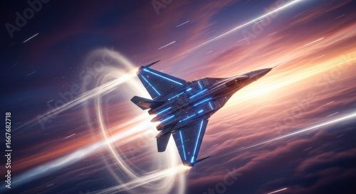 Neon-Lined Supersonic Jet Piercing a Dramatic Twilight Sky with Light Trails