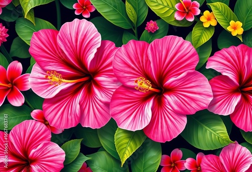 Vibrant hibiscus blooms in a tropical aloha pattern,  vector,  hawaiian