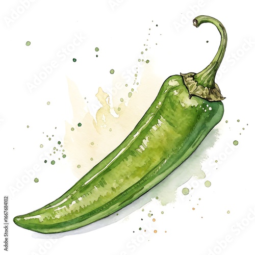Watercolor painting of a single green chili pepper with a textured stem