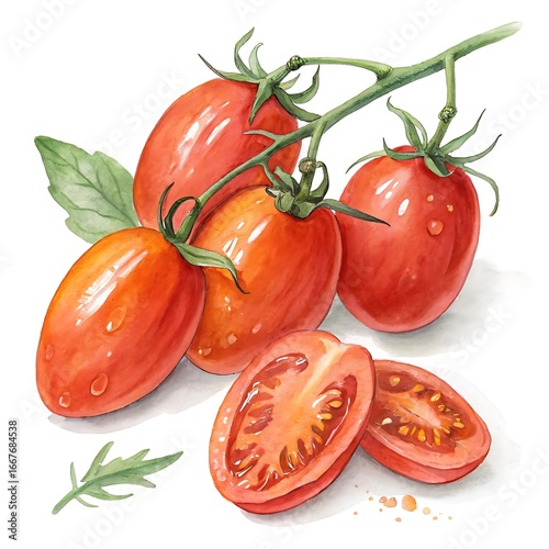 Fresh ripe roma tomatoes with water droplets on a vine