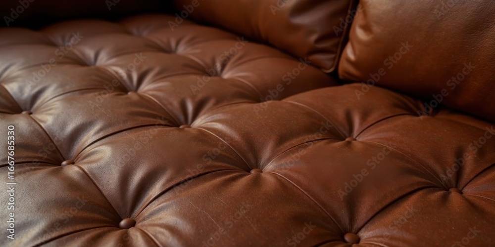 Naklejka premium Close-up view of rich brown tufted leather upholstery showcasing luxurious texture and inviting comfort for a sophisticated home setting