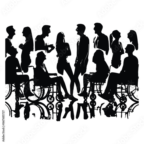 Diverse group silhouette people gathering socializing enjoying company and inclusion with wheelchair user 
