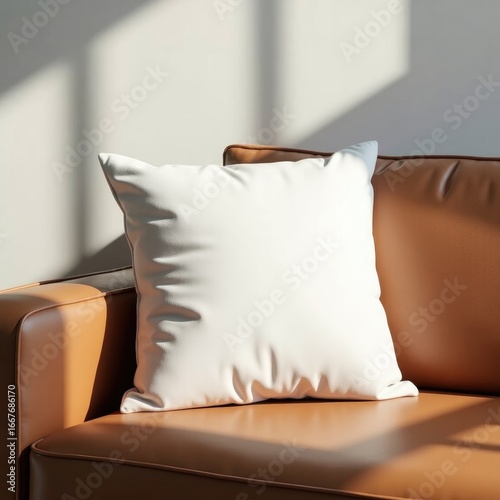 Pillow mockup a white pillow resting on a tan sofa with sunlight creating shadows on the wall and furniture