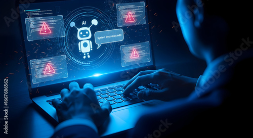 Cybersecurity expert diagnoses AI system error with urgent alerts on laptop screen