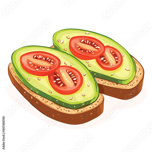 flat vector of avocado toast with sesame seeds and tomato slices, trendy breakfast food