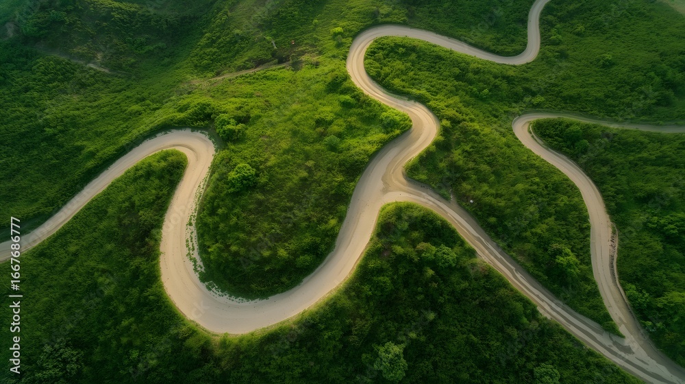 Fototapeta premium Aerial view of winding road curving smoothly through lush green landscape, picturesque serpentine path contrasting against vibrant grassy terrain, symbolizing journey, direction and scenic beauty