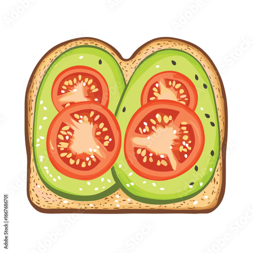 flat vector of avocado toast with sesame seeds and tomato slices, trendy breakfast food