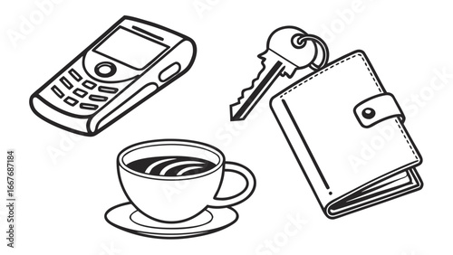 Illustration of a cellphone, coffee cup, wallet and key in black and white outline style vector art
