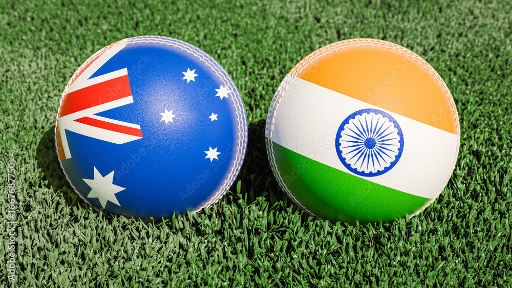Naklejka premium Two cricket balls featuring the flags of Australia and India, on a grassy field