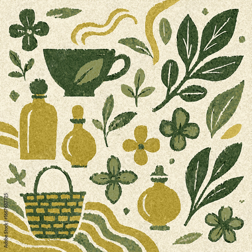 A charming textured illustration of natural wellness elements, including leaves, flowers, essential oil bottles, and a teacup, evoking organic, serene health.