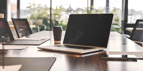 Wallpaper Mural Laptop computer with open lid on a table in meeting room of an office workspace.  Torontodigital.ca