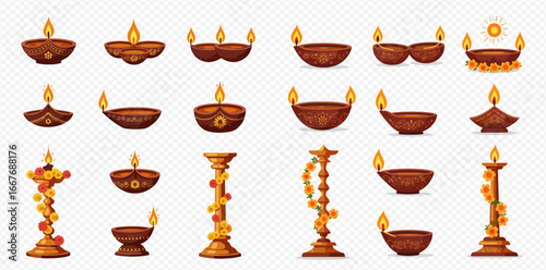 Collection of traditional Indian oil lamps, diyas, and candle stands, decorated with flowers, for Diwali or other festivals.