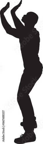 vector,silhouette of side view of a standing man holding or pushing something imaginary upwards.