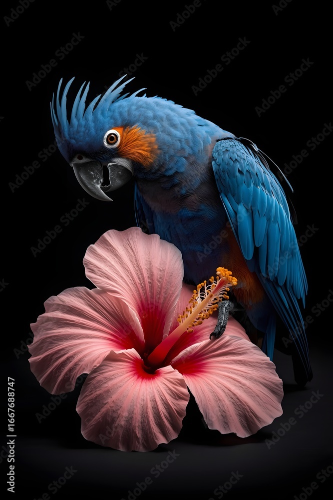 Obraz premium Beautiful blue parrot with vibrant feathers perched beside pink hibiscus flower on black background, exotic tropical wildlife and floral elegance symbolizing nature and vivid color contrast