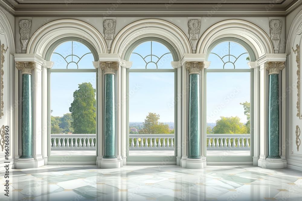 Fototapeta premium Grand hall with large windows in palace or castle, surrounded by lush greenery