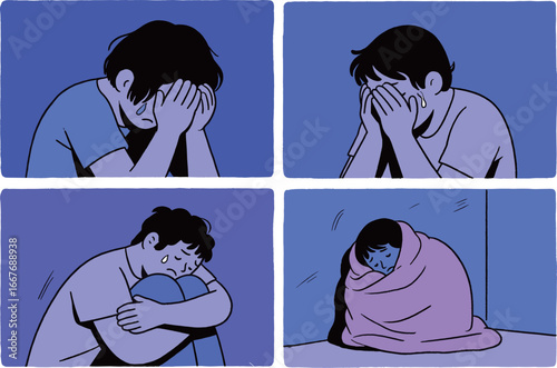 In trouble, holding head, covering face, curled up in corner, wrapped in blanket, depressed, low mood