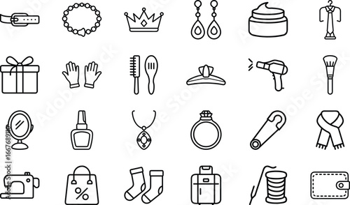 Collection of black outline icons for fashion accessories and beauty products accessory
