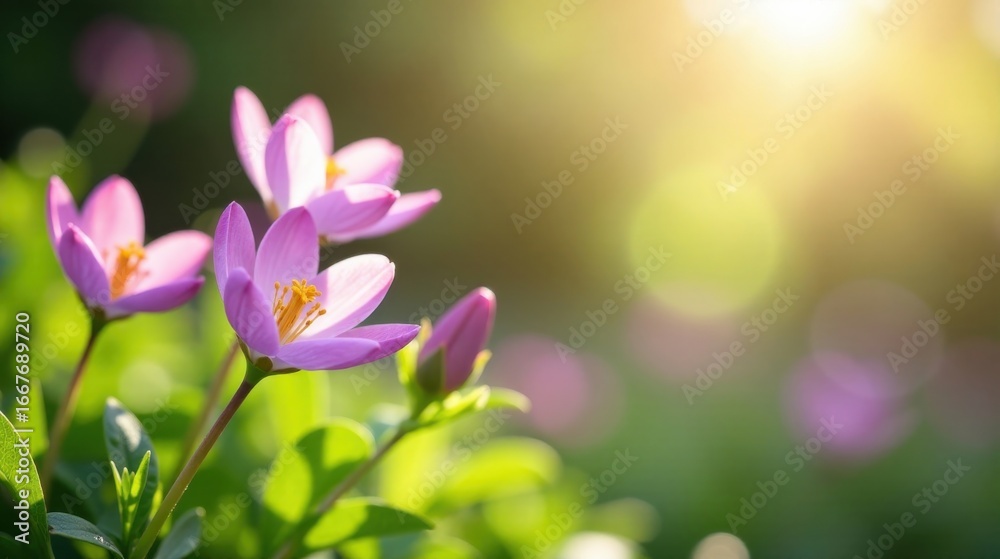 Fototapeta premium Delicate Pink Blossoms Illuminated by Warm Sunlight in a Lush Garden Setting