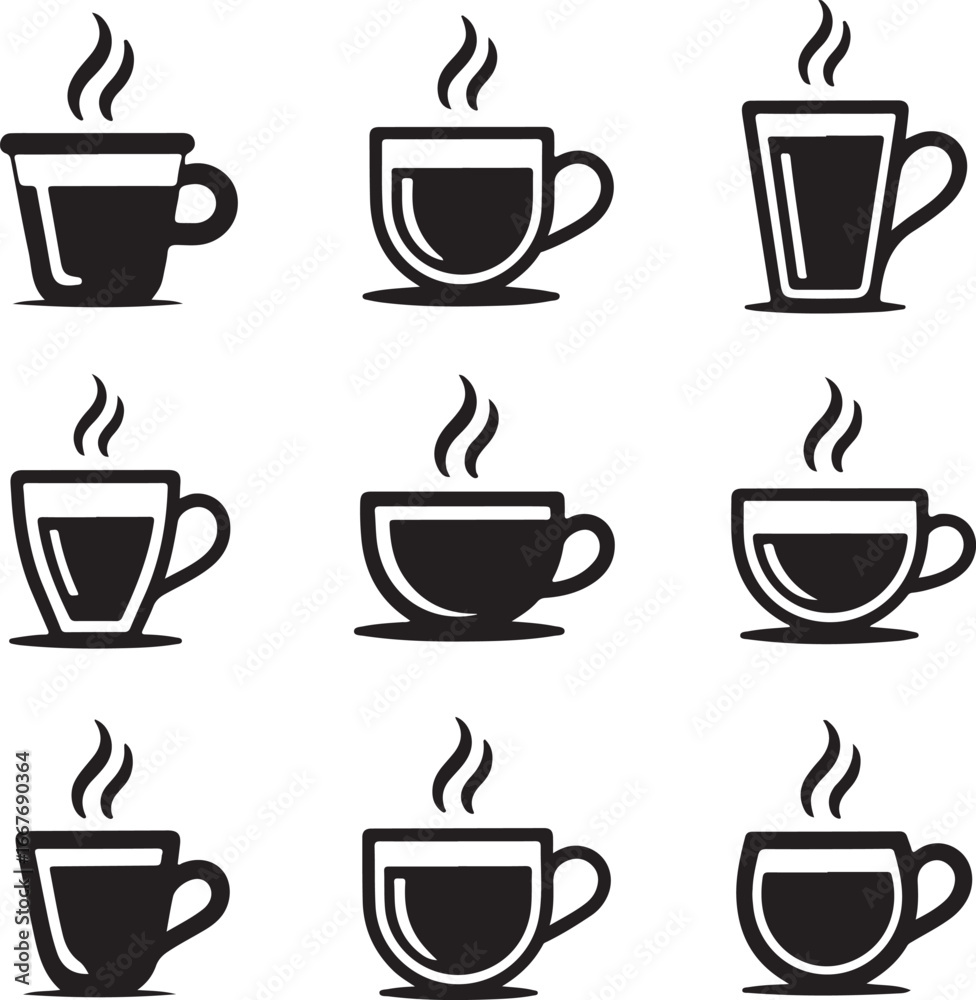 Obraz premium Coffee set icons, logo isolated on white background. Glasses and cups for coffee