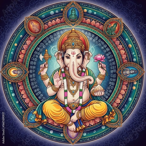 AI Generated Intricate Ganesha Mandala, a Spiritual Illustration for Meditation and Yoga
