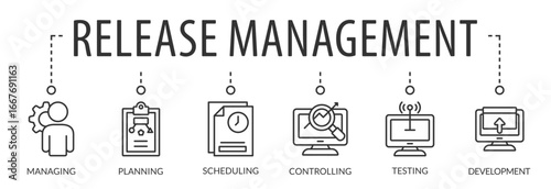 Banner release managing vector illustration concept with icons and keywords