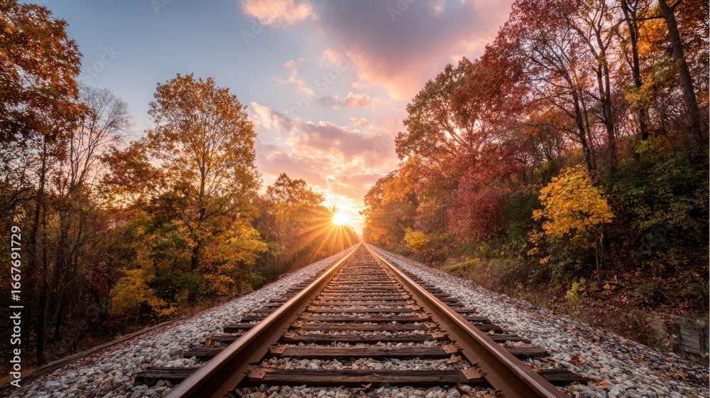 Autumnal sunset over a railroad track. Sunlight beams through colorful trees Autumnal sunset over a railroad track. Sunlight beams through colorful trees